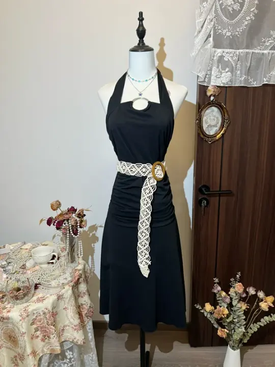 Black halterneck waist dark pleated slim sexy maxi dress homecoming dress R4323