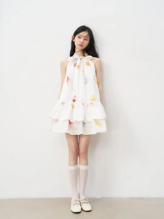 Sleeveless Floral Bow Tie Halter Dress with Ruffled Hem Tutu Skirt R5169
