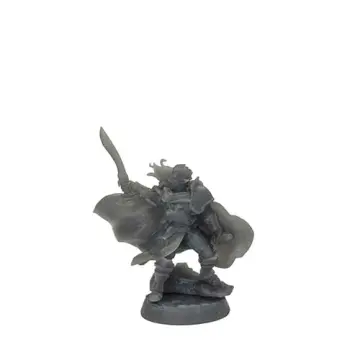 A front-view photograph of an unpainted grey resin fantasy captain miniature against a white background. The figure features long flowing hair, heavy armor, and a billowing cape, posed dynamically with a curved sword raised high in his right hand and a shield on his left arm. He is standing on a textured rocky base.