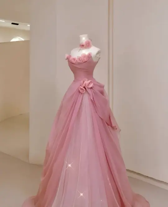 Sweet Pleated Applique Prom Gown Pink Women's Maxi Evening Dress Birthday Dress RS2820