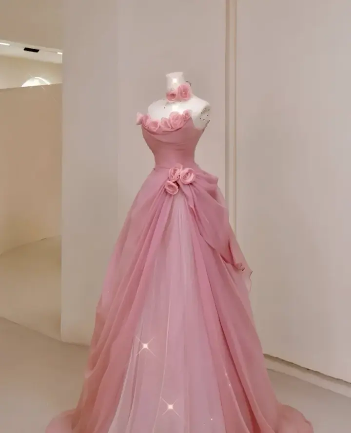 Sweet Pleated Applique Prom Gown Pink Women's Maxi Evening Dress Birthday Dress RS2820