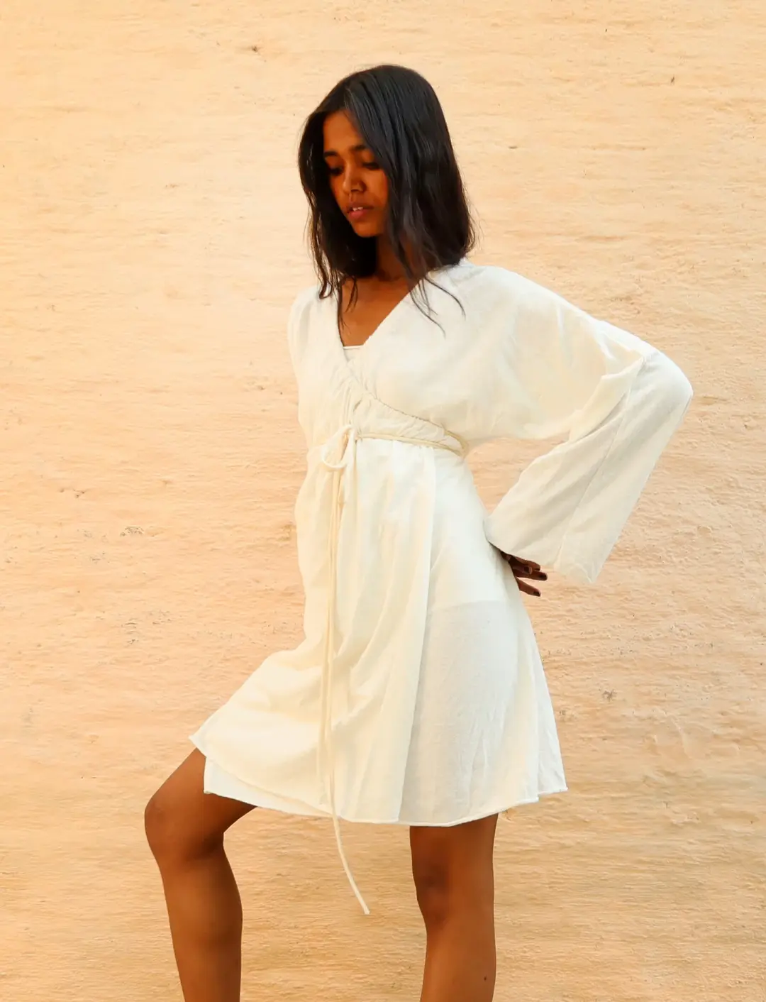Drawstring Wrap Kimono Short Dress
