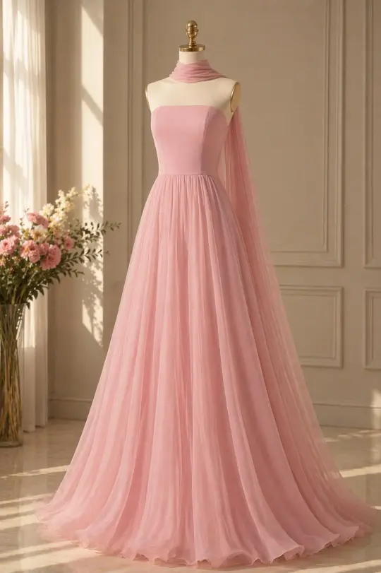 Elegant Pink A-Line Strapless Corset Maxi Women Dress Evening Dress Birthday Dress RS298