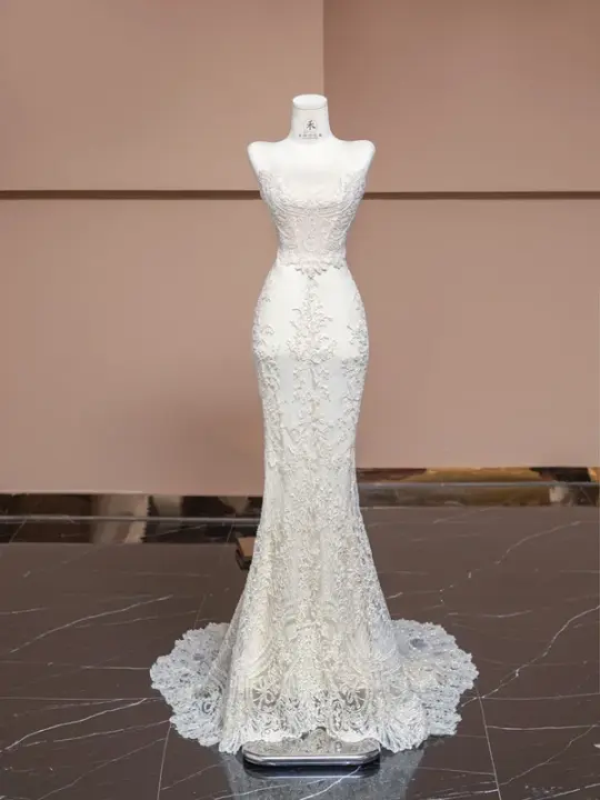Off-white strapless, fitted, bodycon mermaid-style long gown, elegant ball gown, bridal dress R8330