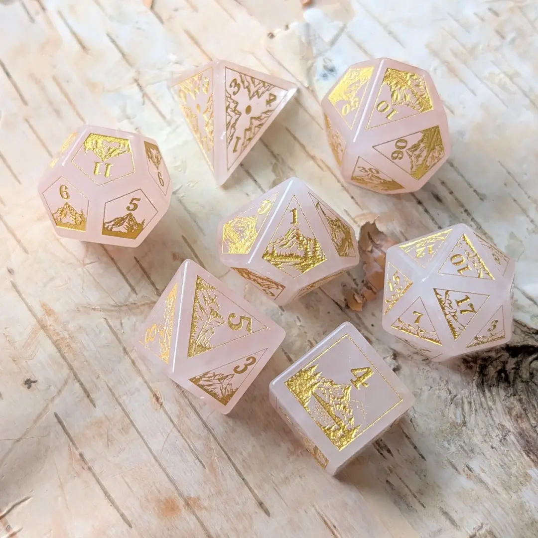 Everwild Rose Quartz Gemstone Dice – Forest & Mountain Etched 7-Piece Set | Fennek & Finch