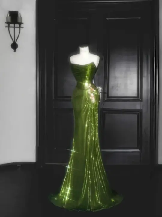 Green strapless satin waist slim-fit drape maxi dress, prom dress R5648