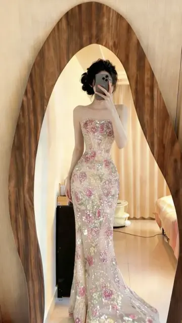 Light pink strapless fitted sexy ball gown R9066