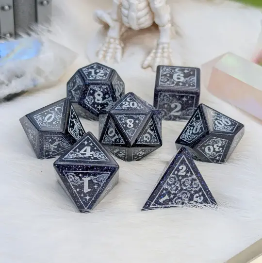 Dreamy Blue Goldstone with Silver Dice Set – 7-Piece Gemstone DnD Dice with Silver Celestial Symbols | Fennek & Finch