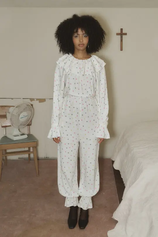 Unisex Clown Collar Soft Linen Jumpsuit Funfetti Dot
