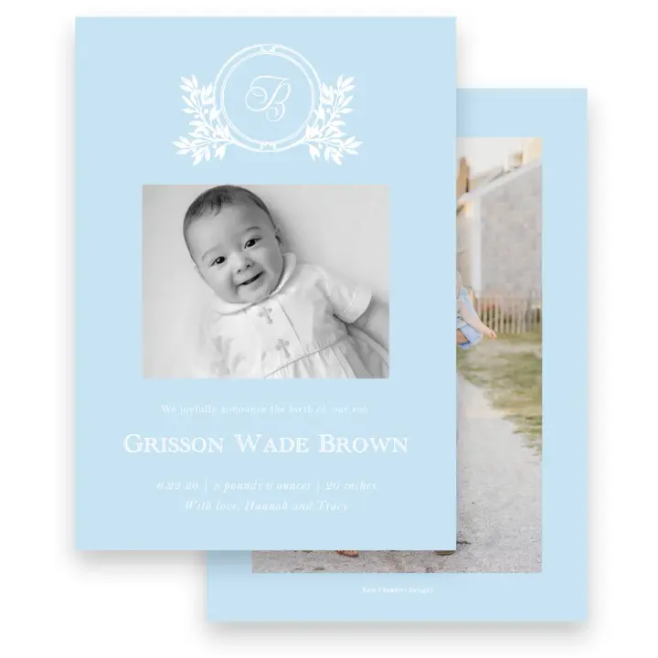 Boy's Blue Botanical Crest Birth Announcement