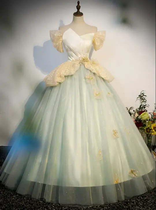 Puffy Tulle Applique Corset Prom Gown , Soft Green Women's Maxi Evening Dress Birthday Dress RS2364