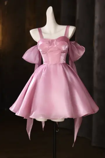 Princess Style Pink A-Line Spaghetti Straps with Bow-knot Corset Mini Birthday Dress Homecoming Dress RS444