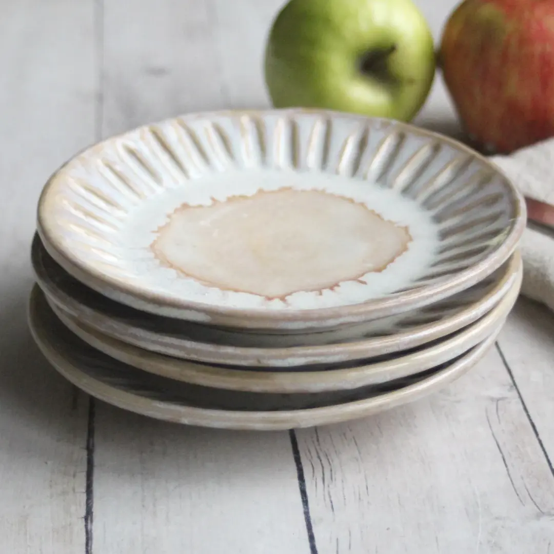 Set of Four Dessert Dishes in Rustic White and Ocher Glaze, Handcrafted Pottery Made in USA