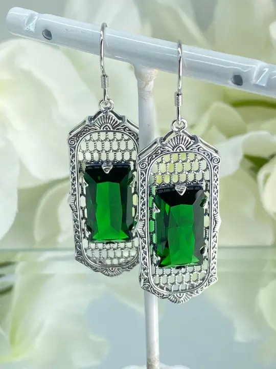 Emerald Earrings, Art Deco Style, Baguette Gem, 1930s Reproduction Jewelry, Design E16 - Ready to Ship