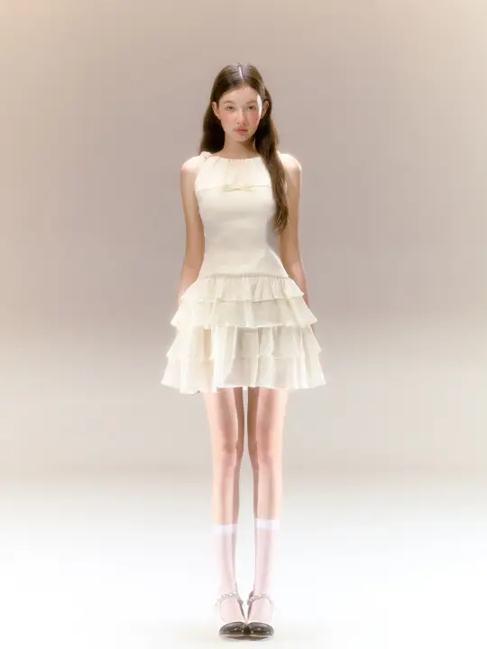 Satin Halter Neck Dress Three-Dimensional Pearl Three-Layer Cake Skirt R5207