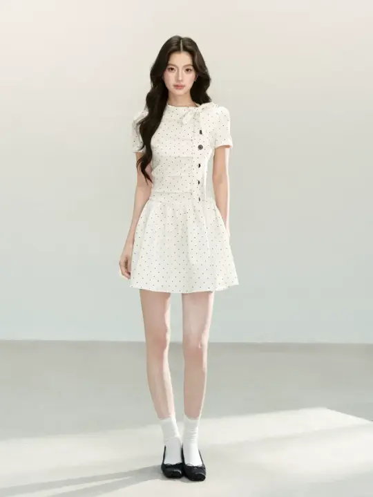 Fitted Polka Dot Flounce Dress with Neck Ribbon and Button Accents R9218