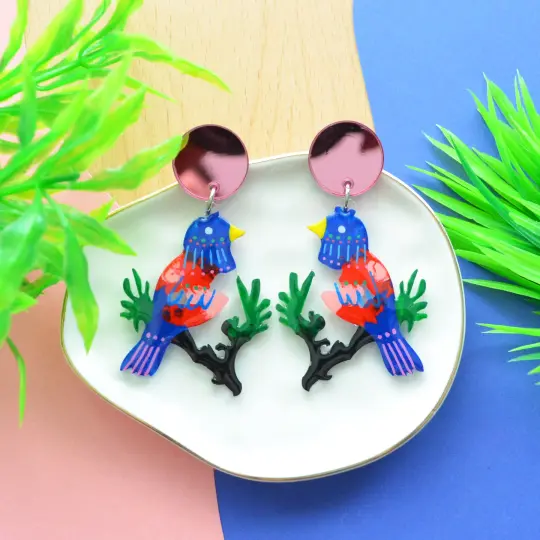 Bluebird on a Branch Laser Cut Acrylic Earrings