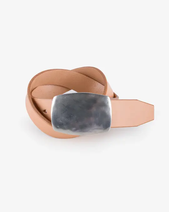 Heavy Plate Pewter Buckle Tochigi Leather Belt - Natural