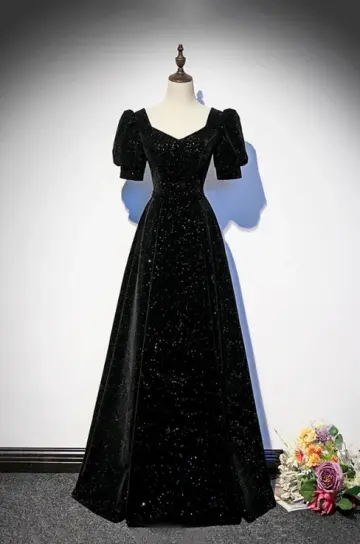 Elegant Black Glitter A-line Square Satin Corset Maxi Prom Dress Evening Dress RS503