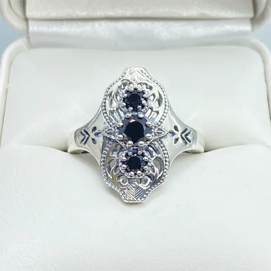 Black CZ Ring, Size 7, Spider Gatsby, Sterling Silver Vintage Jewelry D172 - Ready to Ship