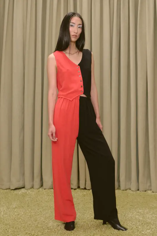 Vest & Pants Soft Linen Lazy Pants Set Red/Black