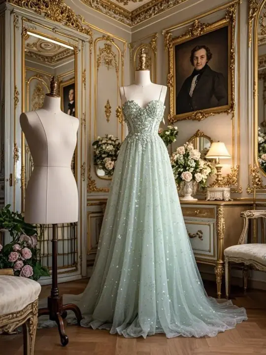 Light green spaghetti strap waist-cinching long sexy prom dress R7937