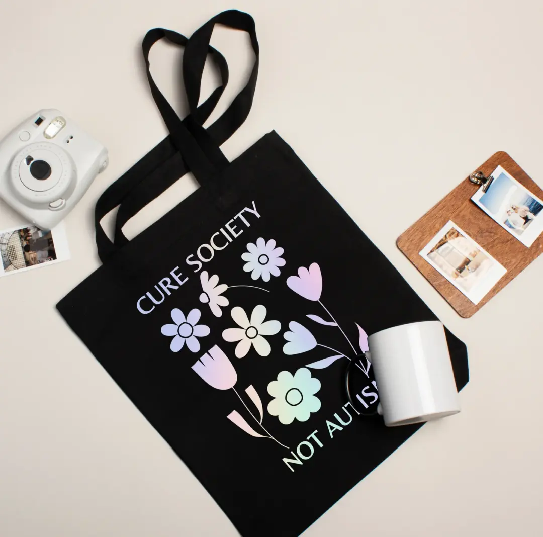 'Cure Society, Not Autism' Design by Autistic Artist -Canvas Tote Bag