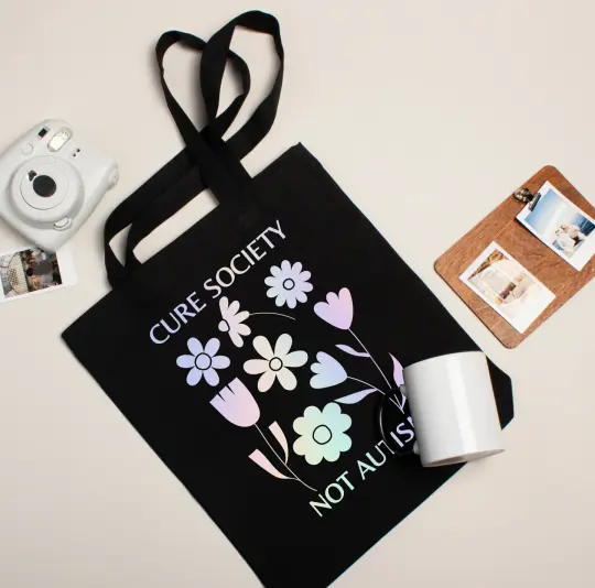 'Cure Society, Not Autism' Design by Autistic Artist -Canvas Tote Bag