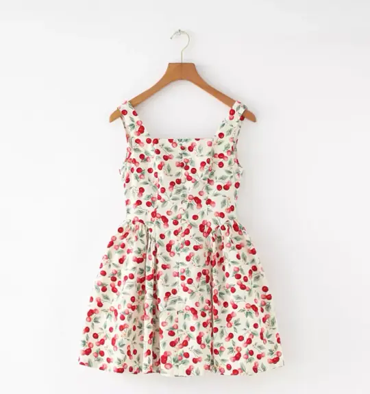 French American retro cherry design slimming waist cinching camisole dress new style R2876