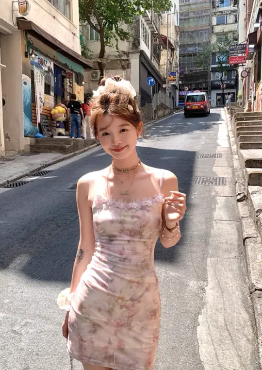 Gradient printing waist slimming suspender dress summer slim French skirt R4953