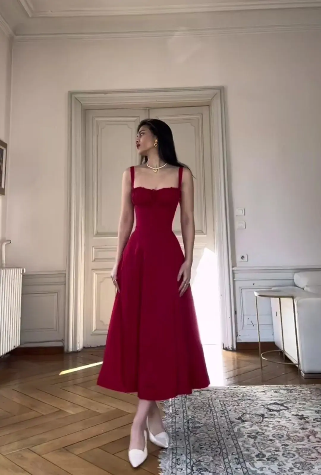 Red suspender waist A-line sexy long skirt homecoming dress R3863