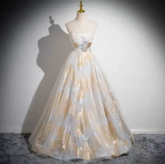 Sparkly Golden Prom Gown , Tulle Silky Maxi Evening Dress Cami Dress RS1637