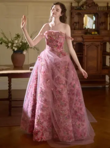 Romantic Barbie Pink Birthday Dress ,A-Line Off-the-shoulder Floral Corset Maxi Evening Dress RS961