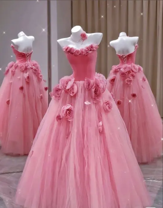 Pink tube top 3D flower waist cute girl long dress, prom dress R5297