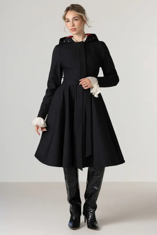 Fit and Flare Coat with Full Circle skirt in Black and Red | Raven Red
