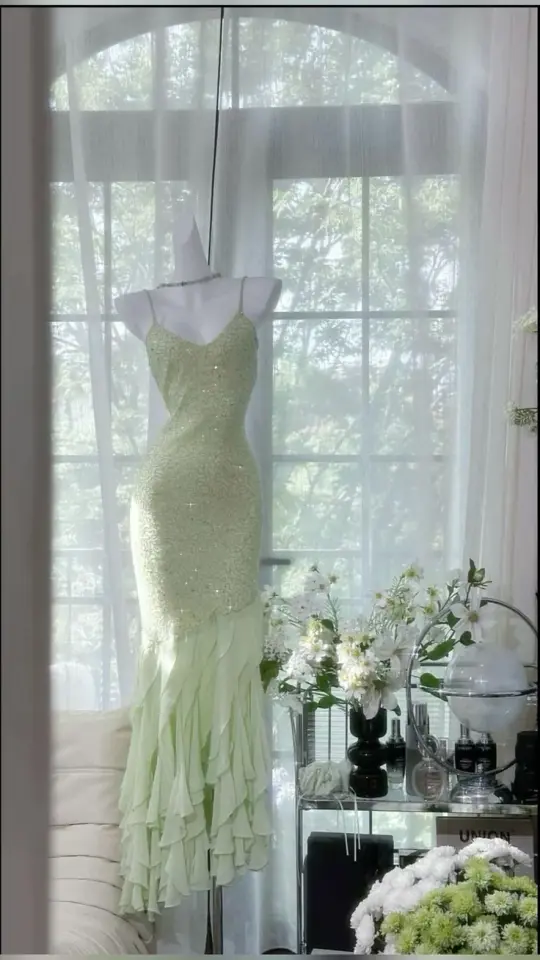 Light green suspender waist slim elegant dress, prom dress R5363