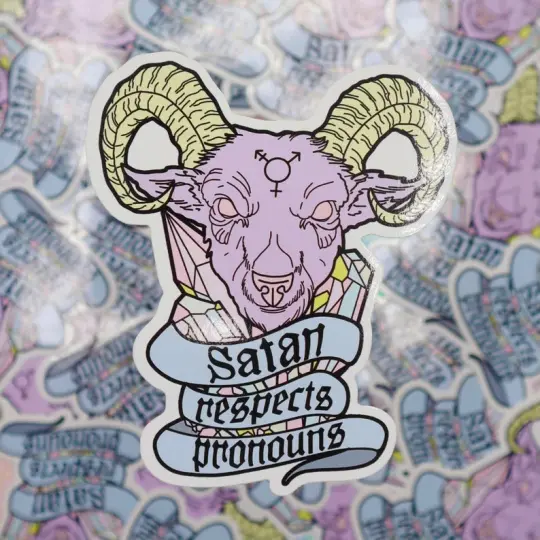 Satan Respects Pronouns Large Vinyl Sticker