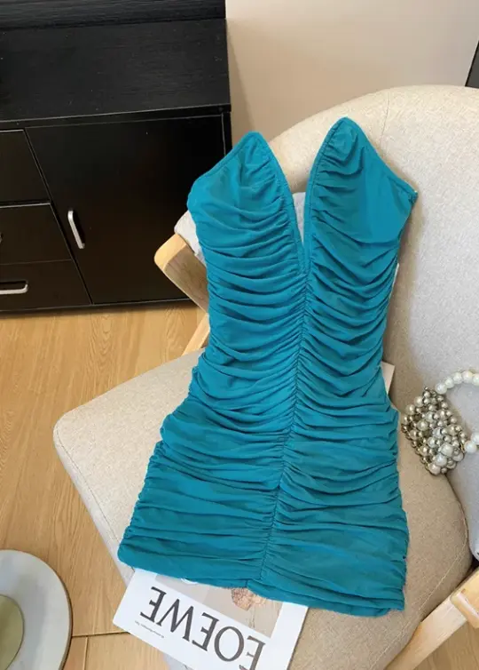 Green rich lady v-neck tube top dress female temperament dress backless sexy short hip skirt R3950