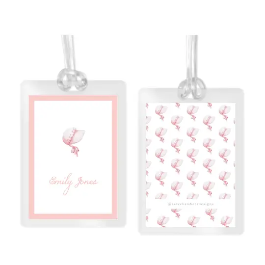 Girl's Pink Watercolor Bonnet Laminated Bag Tag