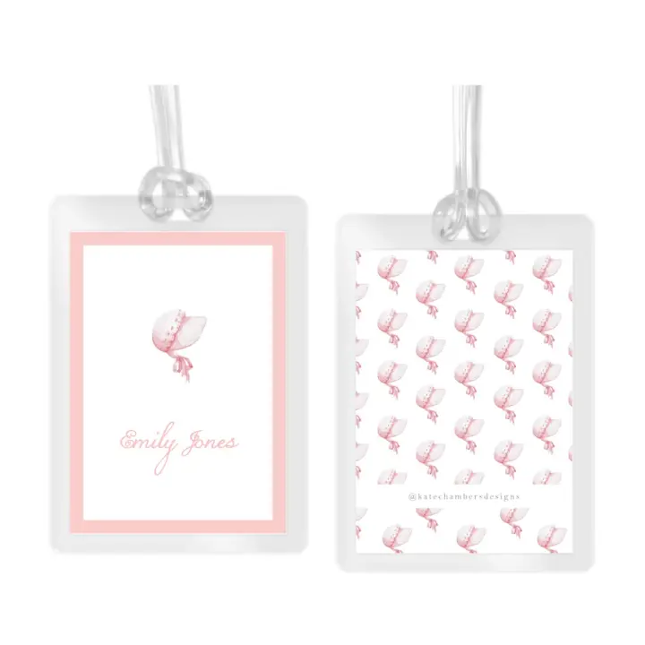 Girl's Pink Watercolor Bonnet Laminated Bag Tag