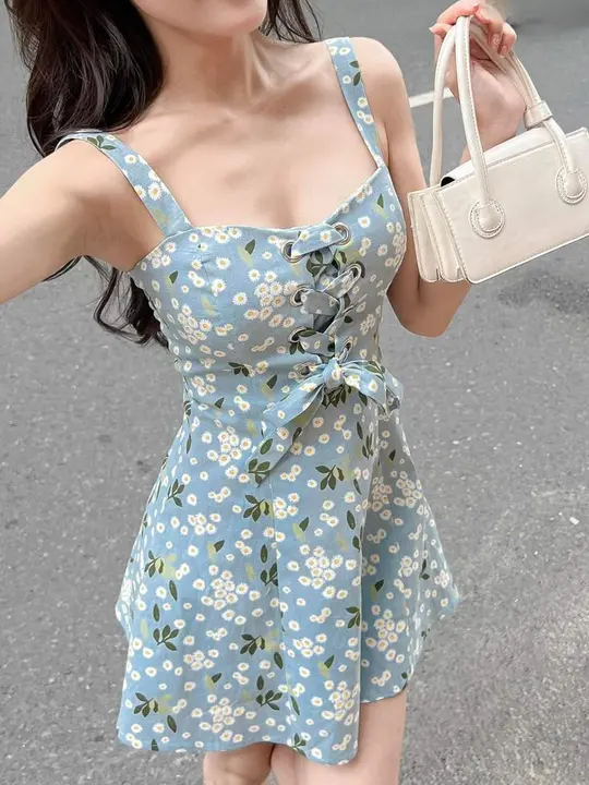 Blue fresh daisy floral suspenders waist slim short skirt homecoming dress R3258