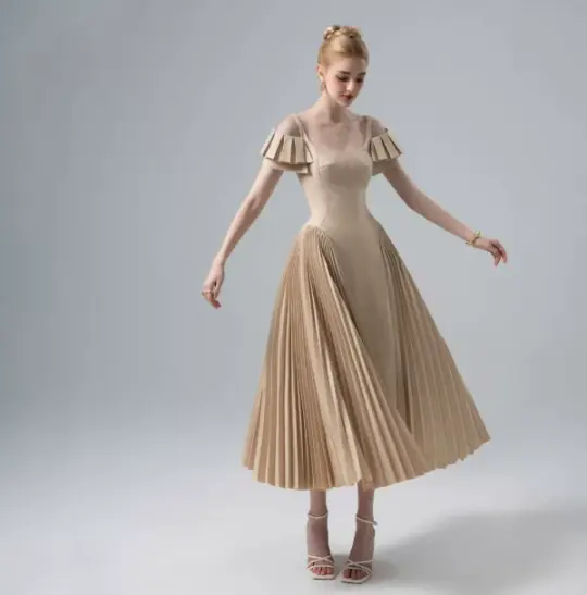 Minimalist Golden A-Line Square Long Women Dress with Shirred Prom Dress Evening Dress RS087