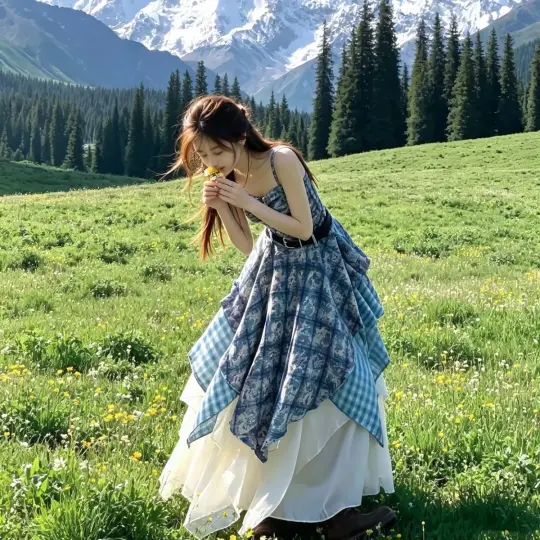 CottageCore Patchwork Plaid Women's Prom Gown Blue Waist Fitted Maxi Evening Dress Birthday Dress — Fall Outfit 2026 New RS3234