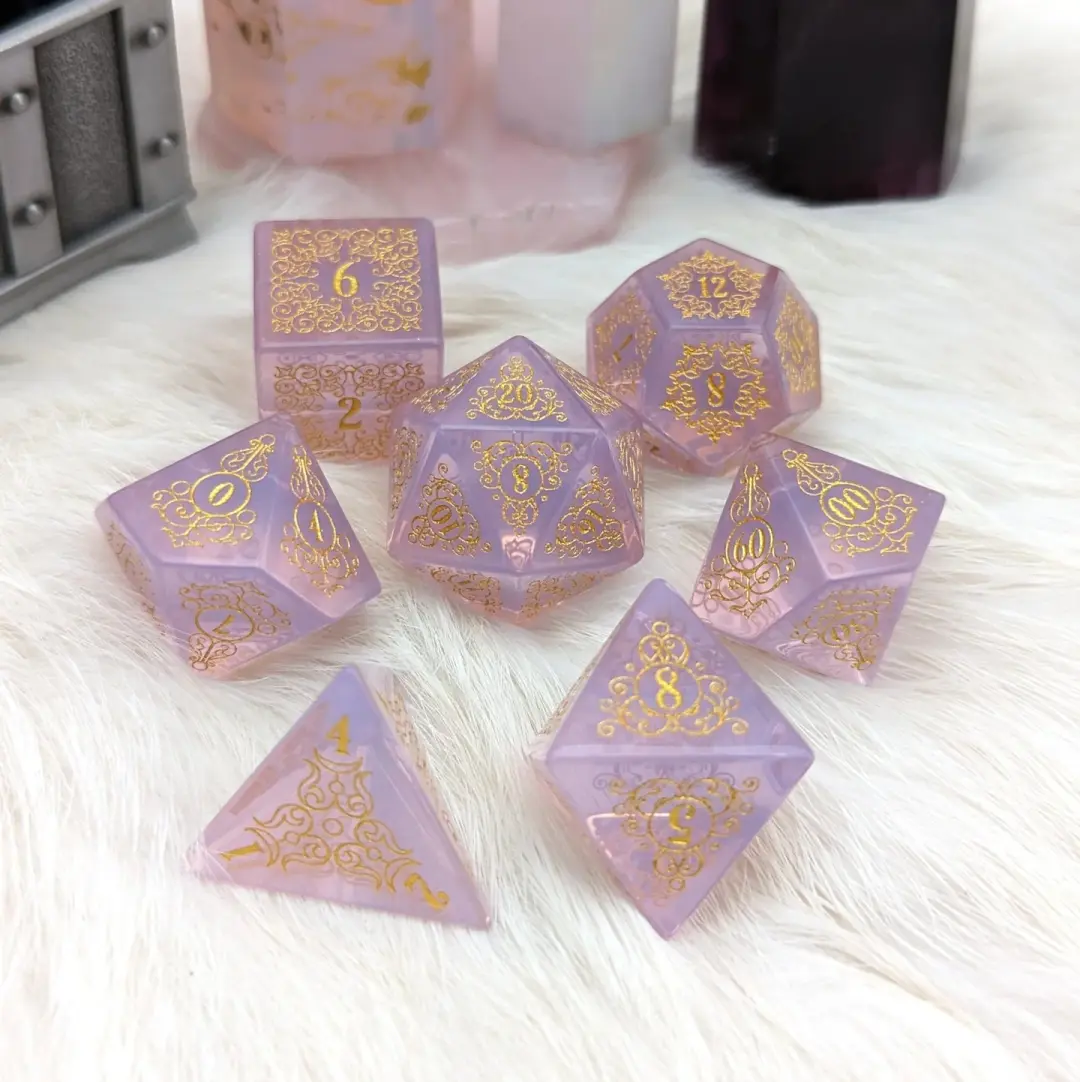 Garden Gate Purple Opalite Gemstone DnD Dice with Gold Font | Fennek & Finch