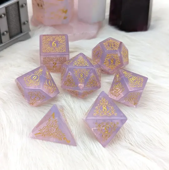 Garden Gate Purple Opalite Gemstone DnD Dice with Gold Font | Fennek & Finch