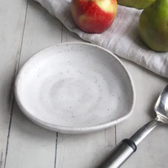 Large Speckled Stoneware Spoon Rest in White Matte Glaze Handcrafted in USA