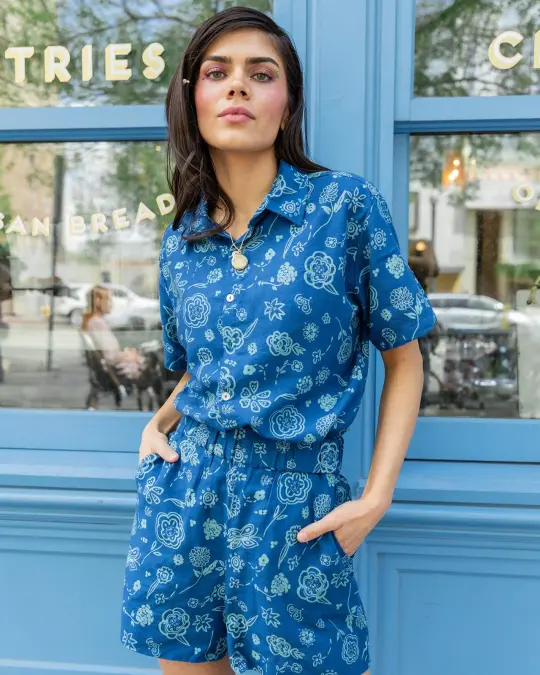 New! Porto Two Piece Shorts & Button Up Set - Blue Floral Print