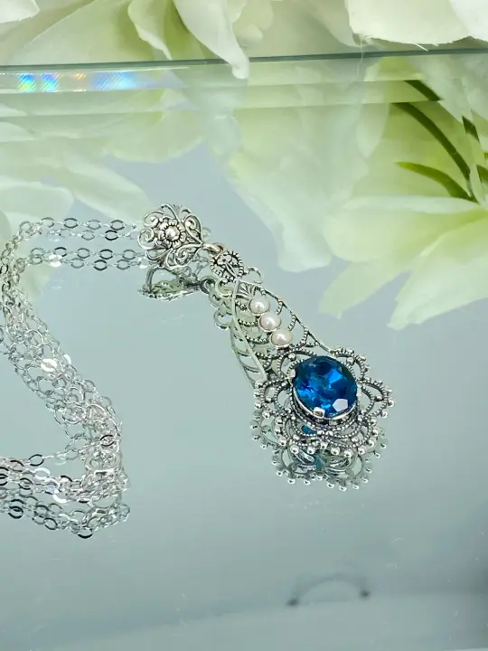 Natural Topaz Pendant, Natural London Blue Lavaliere Necklace #P17 - Ready to Ship
