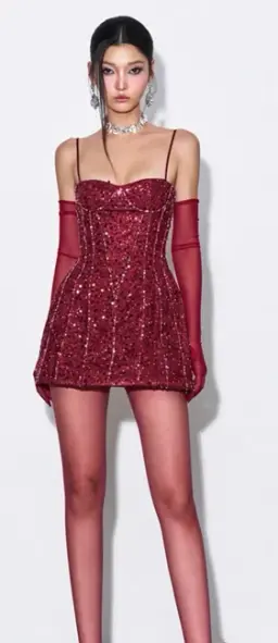 Red suspenders waist slim sexy sequin skirt homecoming dress R4556