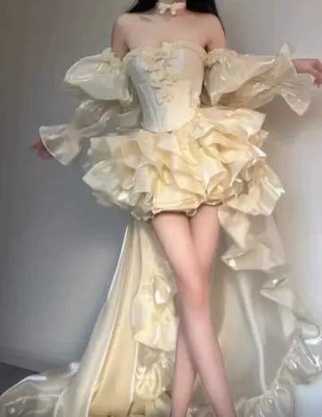Elegant Soft Yellow A-Line Bateau Frilled Corset Hi-Lo Prom Dress RS850
